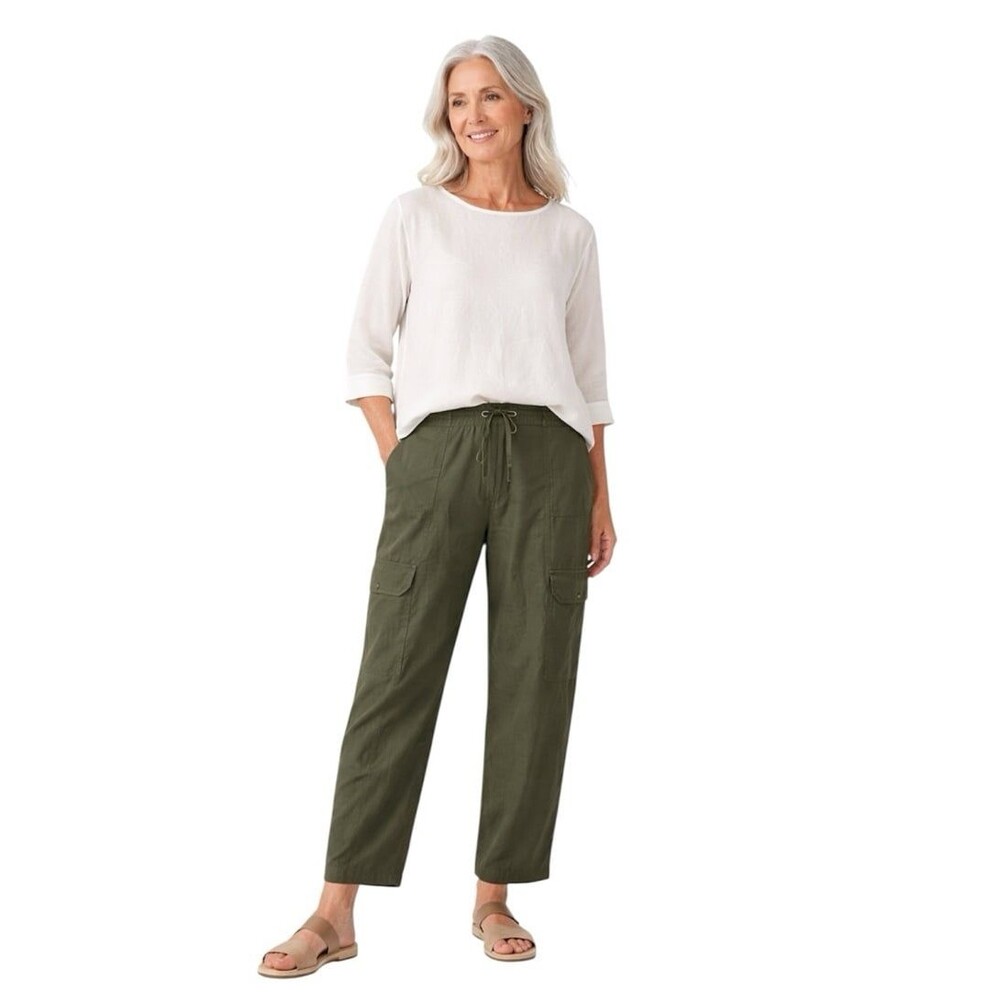 Eileen Fisher Olive Green Linen Cropped Cargo Pants Drawstring Sz 8
